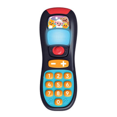 Baby Clementoni toy remote control features a colorful design with a black body, illuminated screen, and cartoon characters.