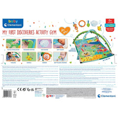Baby Clementoni - My First Discoveries Activity Gym with colorful hearts, circles, flowers, and leaves on cardboard packaging