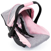 BAYER DESIGN Doll Deluxe Car Seat in gray and pink features plush seat cover, padded backrest, and five-point harness system.