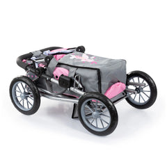BAYER DESIGN Dolls Pram City Star features a pink and white patterned seat and canopy, gray metallic frame, and black wheels.