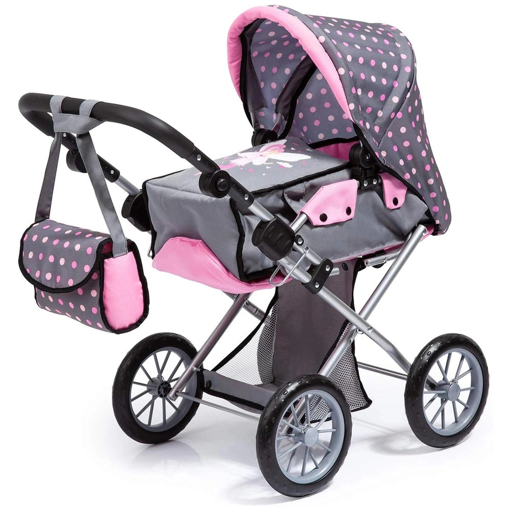 BAYER DESIGN Dolls Pram City Star features a pink and gray polka dot fabric seat, adjustable handlebar, and metallic frame.