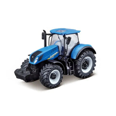 BBURAGO motorized die-cast metal farm tractor featuring blue and black paint, rubber tires, and detailed plastic components.