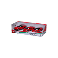 BBurago Race Play Ferrari 3 Car Gift Pack features three red die-cast vehicles in glossy red packaging with white text.