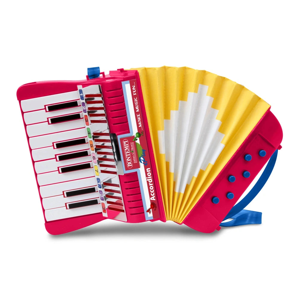Bontempi accordion features a glossy white keyboard with black, gray keys and a yellow fan with blue blades.