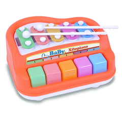 Bontempi Baby Xylopiano with orange plastic casing, 12 white keys, and two white handles, featuring playful text design.