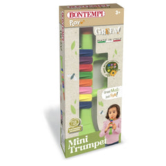 Bontempi Mini Trumpet in green packaging features colorful text, a window displaying tubes, and a child playing trumpet stick