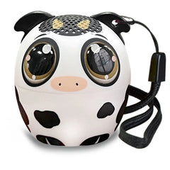Bontempi mini wireless speaker shaped like a white cow with black spots, featuring transparent eyes and a black cord.