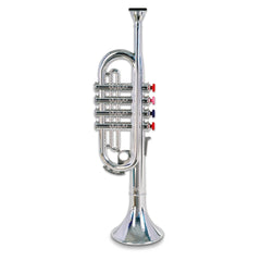 Bontempi trumpet made of shiny silver brass with three colorful valve caps in red, blue, and pink, featuring a flared bell.