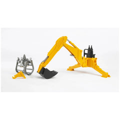 Bruder yellow rear hydraulic arm with black bucket and silver grabber on white background.
