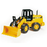 Bruder FR 130 yellow articulated road loader toy with black cab and functional bucket, ideal for imaginative play.