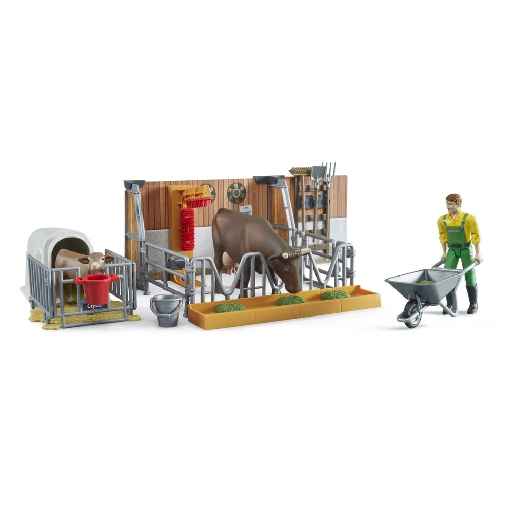 Farmer with wheelbarrow beside cow at feed trough and calf in pen, all within a detailed farm barn set.