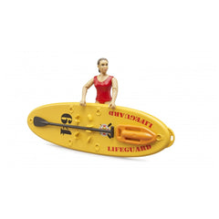 Lifeguard figure in red holding a yellow paddleboard with lifebuoy and rescue gear.