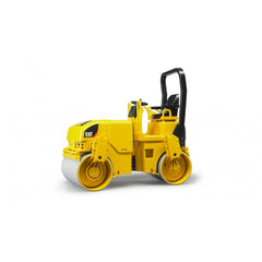 Yellow Bruder CAT Asphalt Drum Compactor toy with black seat and realistic details, showcasing construction play features.