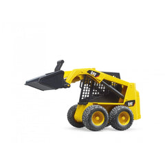 Yellow Bruder Cat Skid Steer Loader toy with raised front shovel, featuring realistic design and black wheels.