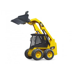 Yellow Bruder Cat Skid Steer Loader toy with raised black shovel, realistic design, and durable wheels.