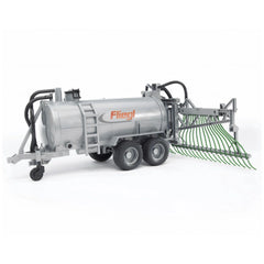 Bruder Fliegl Barrel Trailer with spread tubes, realistic gray plastic toy vehicle with green pouring arms.