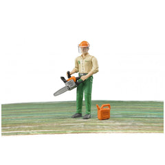 Forestry worker figure with chainsaw and gas can, wearing an orange helmet and green pants on a wooden backdrop.