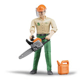 Bruder forestry worker figure with orange helmet, chainsaw, and gas can, wearing green pants and beige shirt.