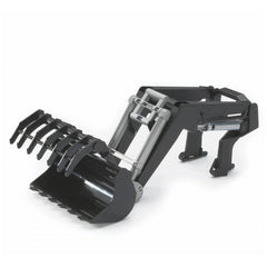 Bruder frontloader for tractors, black with detachable grabber, robust design for imaginative play.
