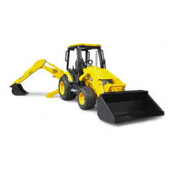 Yellow and black toy backhoe loader with large front bucket and rear digging arm, designed for imaginative play.