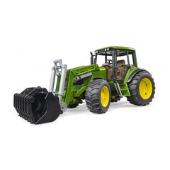 Bruder John Deere 6920 toy tractor with green body, yellow wheels, and black frontloader attachment.
