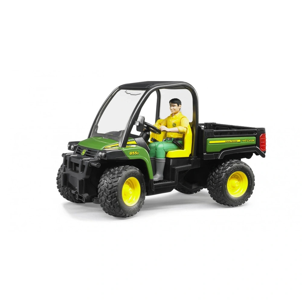 Toy John Deere Gator XUV 855D with driver, green and yellow, detailed design, collectible play vehicle.