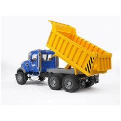 Blue and yellow toy dump truck with a tilting bed and six wheels, showcasing realistic construction and detail.
