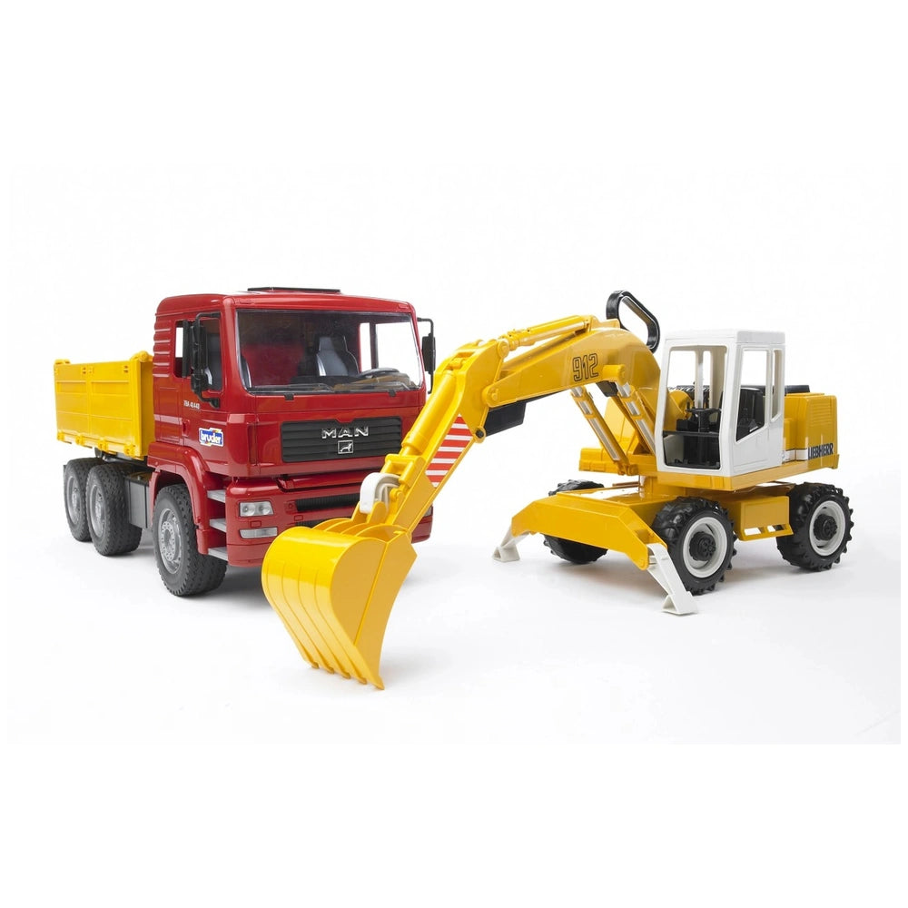 Red MAN truck with yellow Liebherr excavator, toy set on white background, showcasing construction play features.