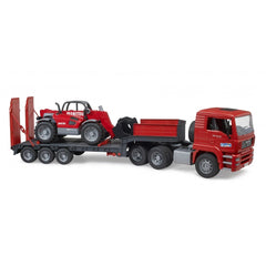 Red Bruder MAN TGA truck with a low loader trailer carrying a Manitou telehandler, showcasing realistic design and movable parts.