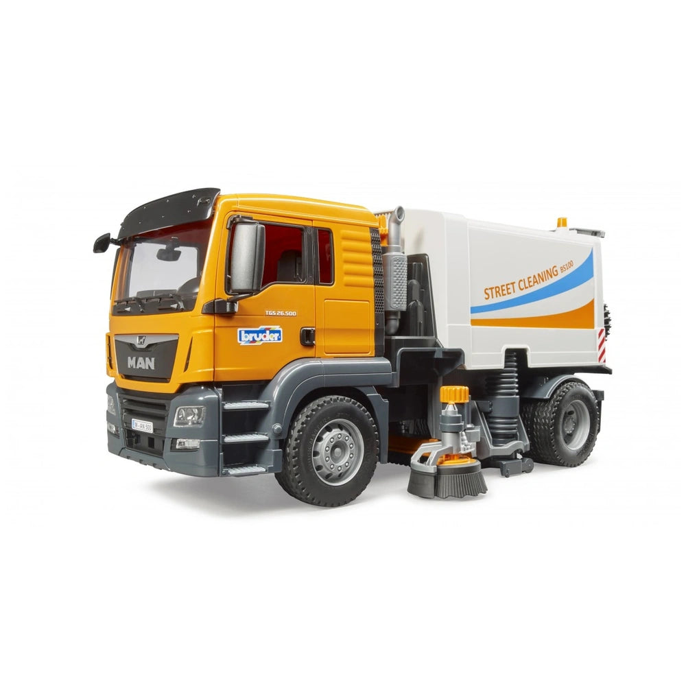 Bruder MAN TGS street sweeper toy vehicle with orange cab and detailed street cleaning features.
