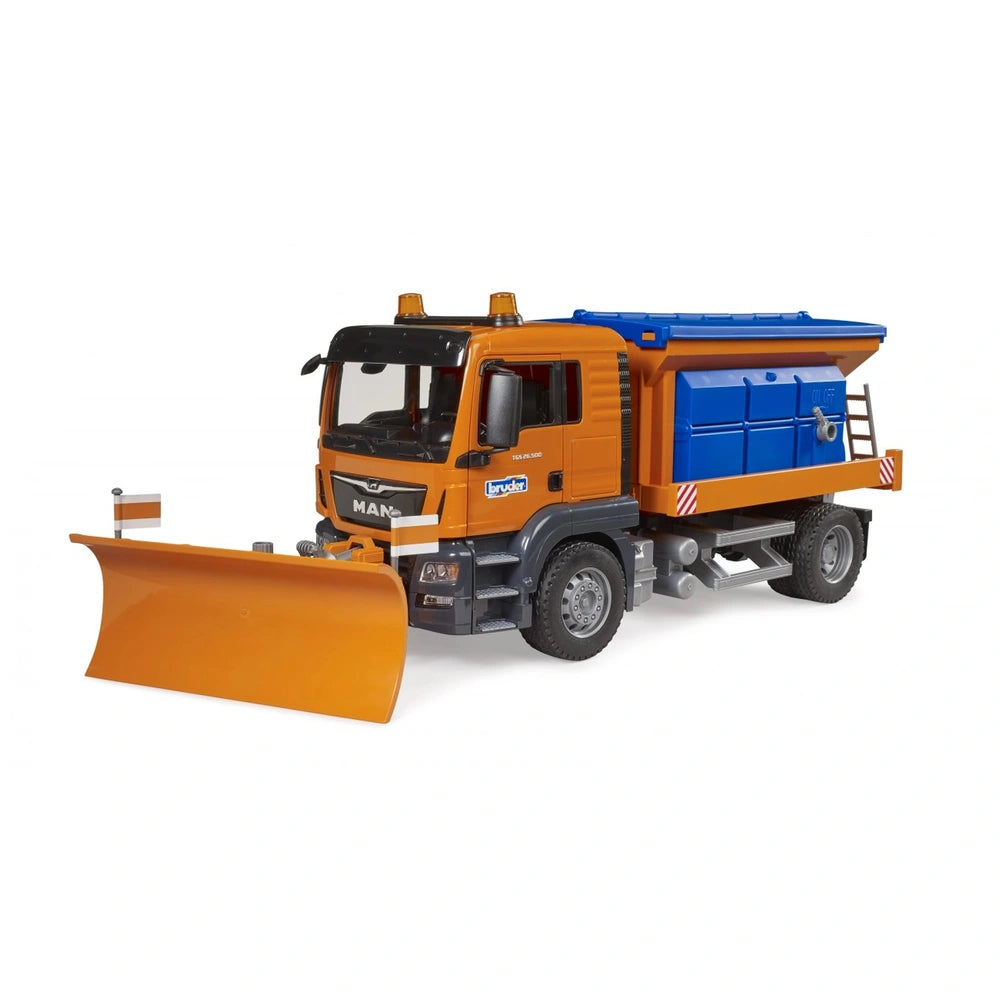 Orange Bruder MAN TGS toy truck with blue cargo area and detachable plough blade for snow clearing.