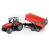 Red Massey Ferguson 7480 toy tractor with tipping trailer, featuring detailed tires and a realistic agricultural design.