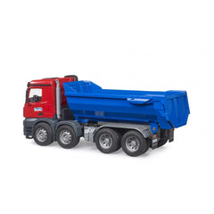 Red and blue Bruder MB Arocs Halfpipe Tipper Truck toy, six wheels, side view, realistic design for imaginative play.