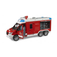 Red and white toy fire service vehicle with open doors, Mercedes-Benz style, featuring six wheels and detailed compartments.