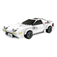 CaDA Initial D Mazda RX-7 FC3S construction set in white with black roof, yellow accents, and detailed wheels, headlights, an