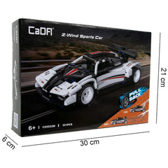 CaDA Z-Wind Sports Car construction set packaging features a white car with red and black accents on a black background.