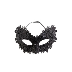 Black lace mask with rhinestones, featuring textured fabric, glossy finish, two eye holes, nose bridge, and mouth opening.