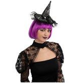 Black satin cap with bow, styled with a purple wig, black lace dress, and black witch hat for imaginative play.