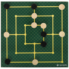 Dal Negro Many Games Wooden Board Games Set featuring four black components with white centers on a green grid surface.
