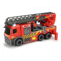 Dickie City Fire Ladder Truck play vehicle in red, black, and yellow, featuring a gray ladder and hose with detailed accents.