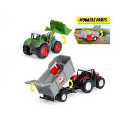 Dickie Farm-Set-Play-Vehicles features a green and red toy tractor with attachments, matte finish, and multiple red flags.