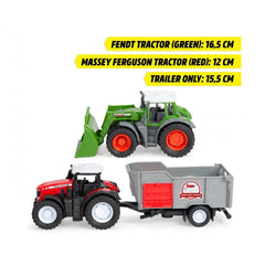 Dickie Farm-Set-Play-Vehicles features two plastic tractors in red and green, with a gray trailer, highlighting Fendt and Mas