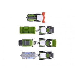 Fendt Micro Team play vehicles in green, white, black, red, gray, and clear plastic, arranged in a front view layout.