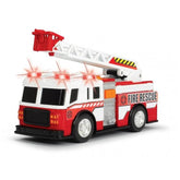 Red and white Dickie fire truck toy with glossy finish, transparent windows, and a ladder featuring red and yellow stripes.