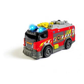 Dickie fire truck toy in red plastic with glossy finish, yellow hose, and blue light, featuring detailed components.