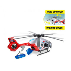 Dickie Giant Helicopter Play Vehicle features a glossy plastic body, metal rotor, and rubber wheels, showcasing vibrant desig