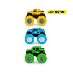 Dickie Monster Truck Play Vehicle in yellow, blue, and green plastic with rubber tires, featuring "FRICION" and "FAST" text.