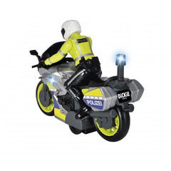 Dickie police motorbike in yellow and black plastic with sounds, lights, and detailed police logos and stripes.
