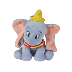 Plush elephant toy with spread ears, wearing a yellow hat and red band, featuring glossy eyes and soft gray fabric.