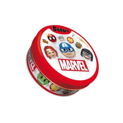 ASMODEE Dobble Marvel Emoji Card Game container with red lid featuring iconic Marvel characters like Spider-Man and Iron Man.
